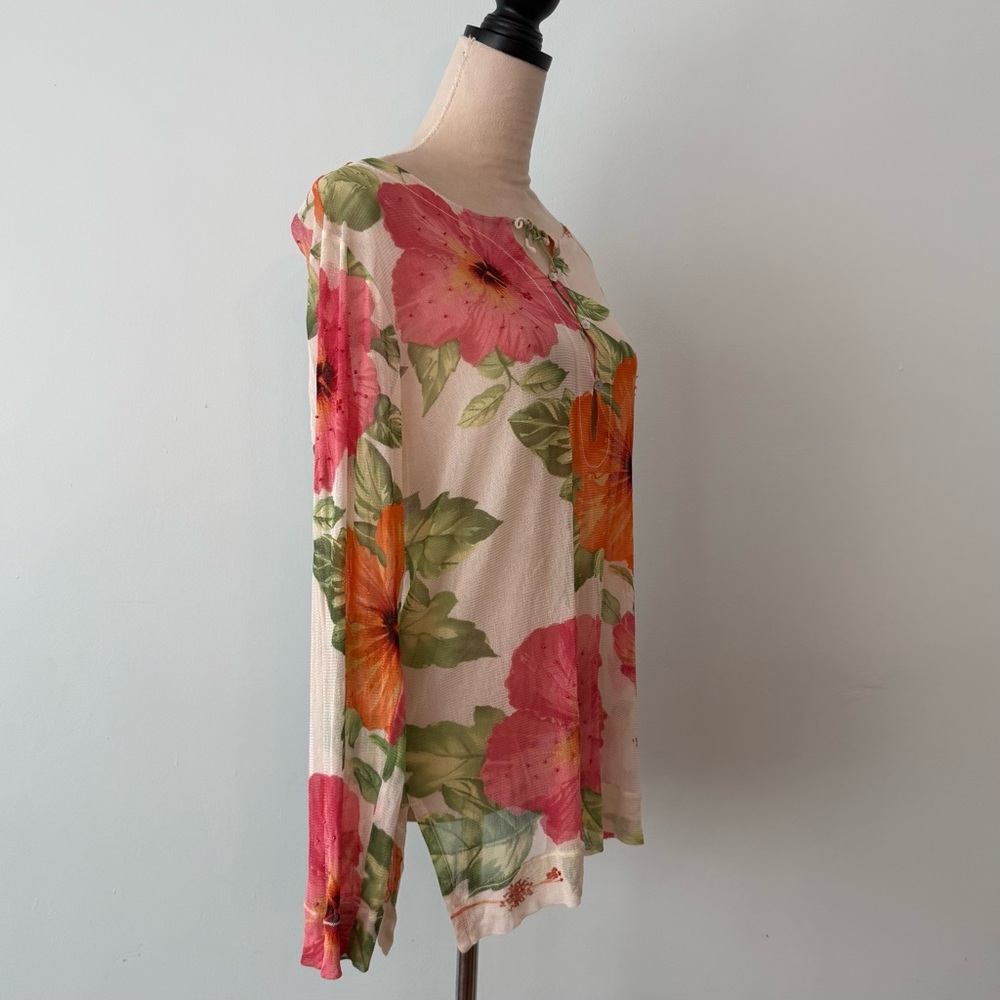 Tommy Bahama | Sheer Floral Mesh Top Cover up Beaded Hibiscus Long Sleeve Sz M - Picture 7 of 11